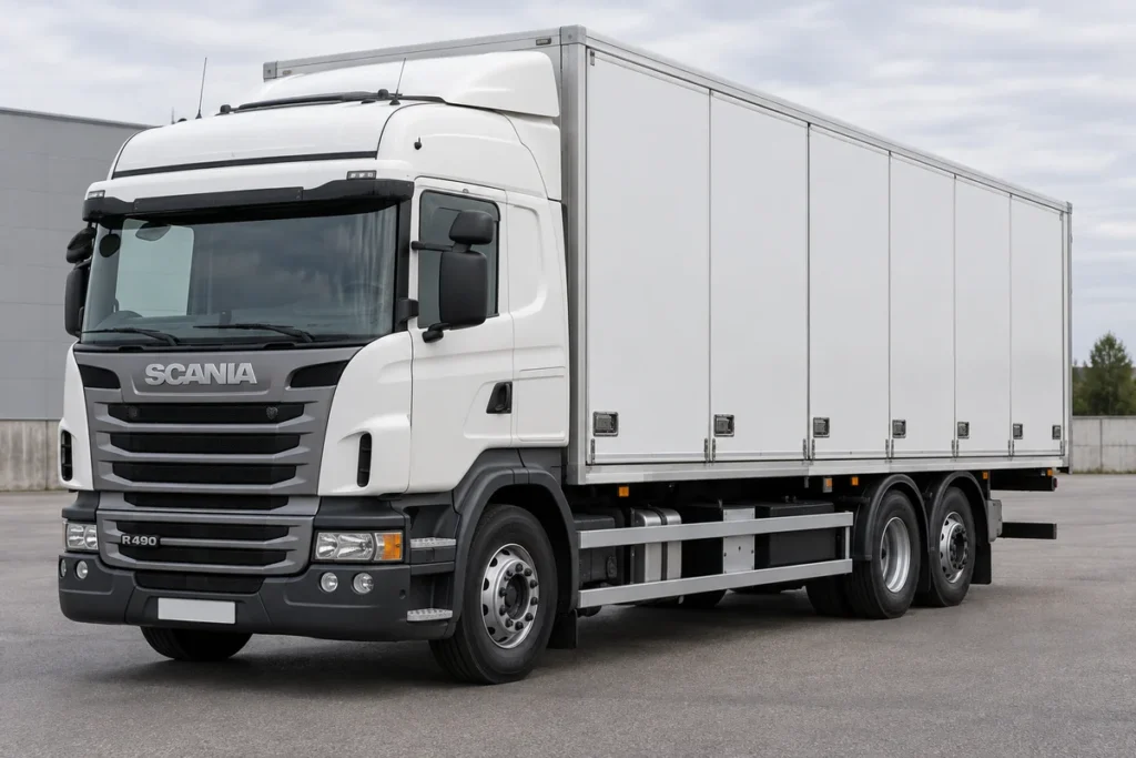 Valge Scania R490 6×2 furgoonveok – illustratiivne pilt